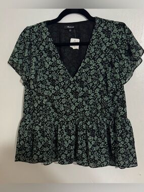 Madewell Black Georgette Floral Wrap Peplum Top with Green Print